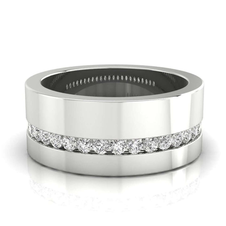 White gold mens wedding band with round cut diamond wedding band style.
