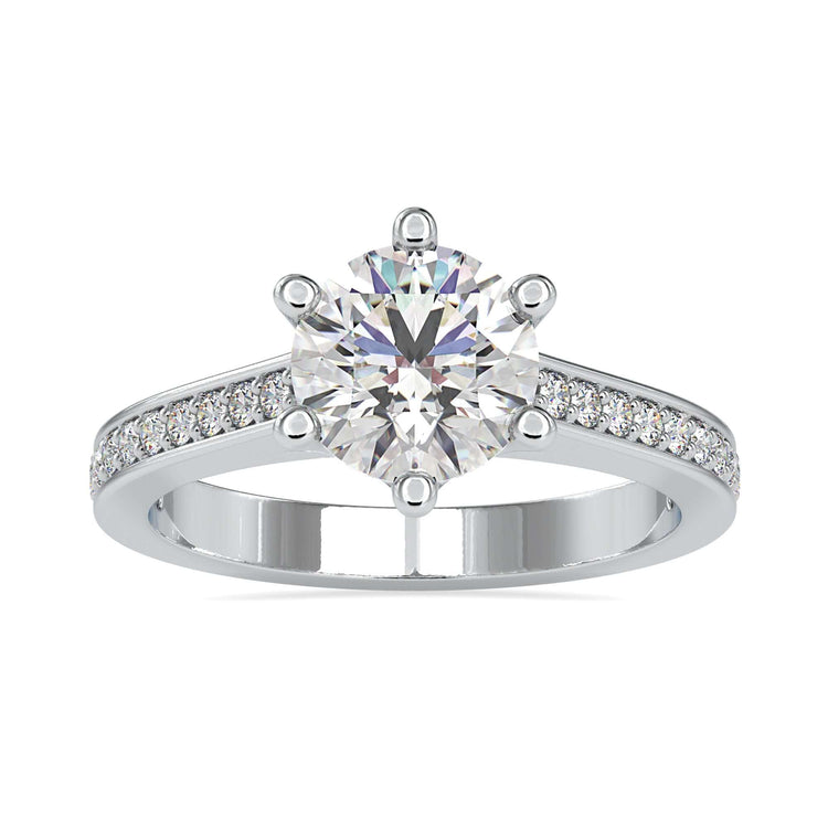 Lab diamond ring featuring pave band and cathedral mount.
