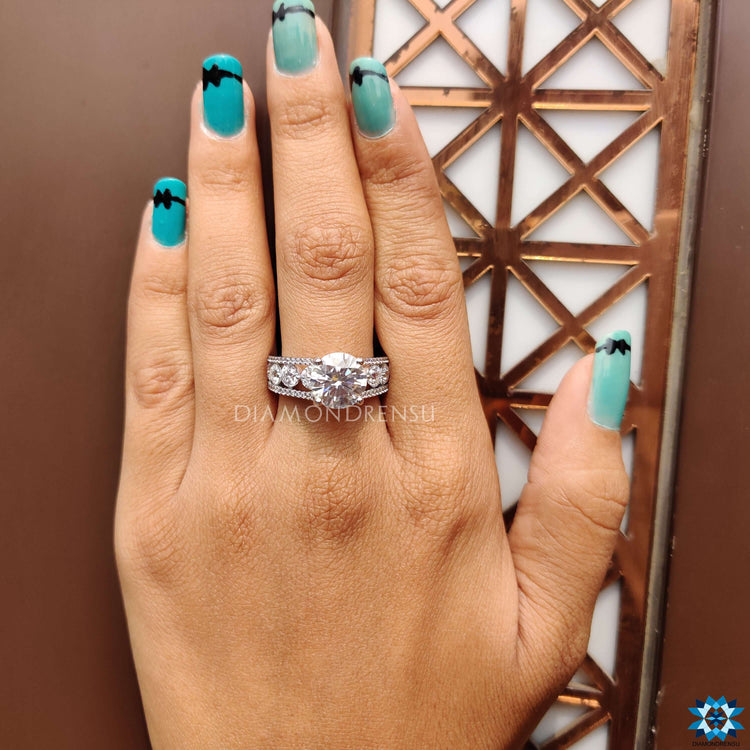 Euro shank ring featuring round cut moissanite.

