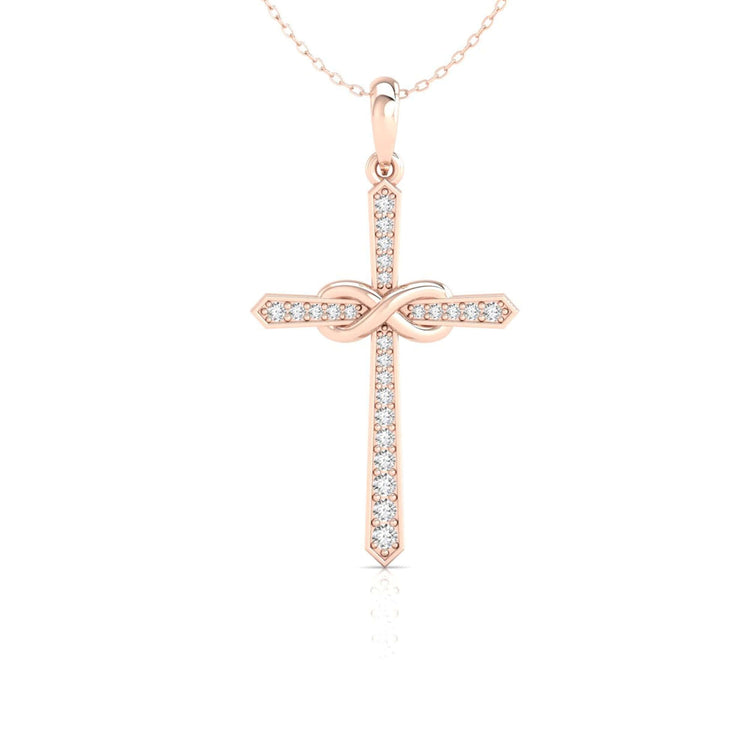 Stylish infinity pendant with shared prong round diamond.
