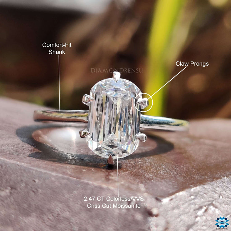 Buy moissanite ring with cushion criss cut center.
