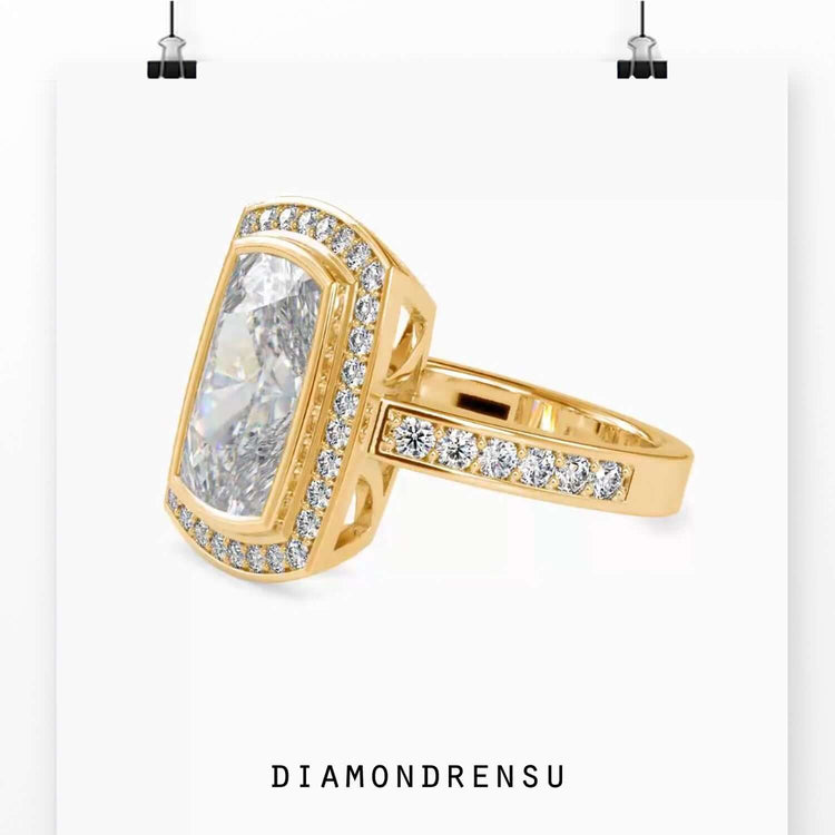 Handmade ring with white gold pave setting and bezel design.
