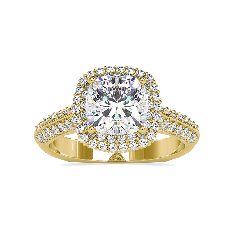 Euro shank ring with cushion cut and double halo setting.

