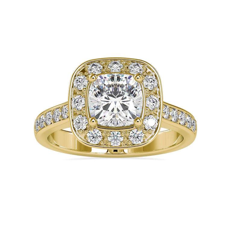 Handmade ring with cushion halo and round diamond side stones.
