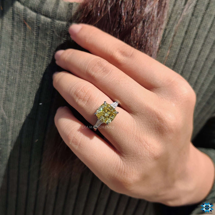 Custom engagement ring with cushion cut moissanite.
