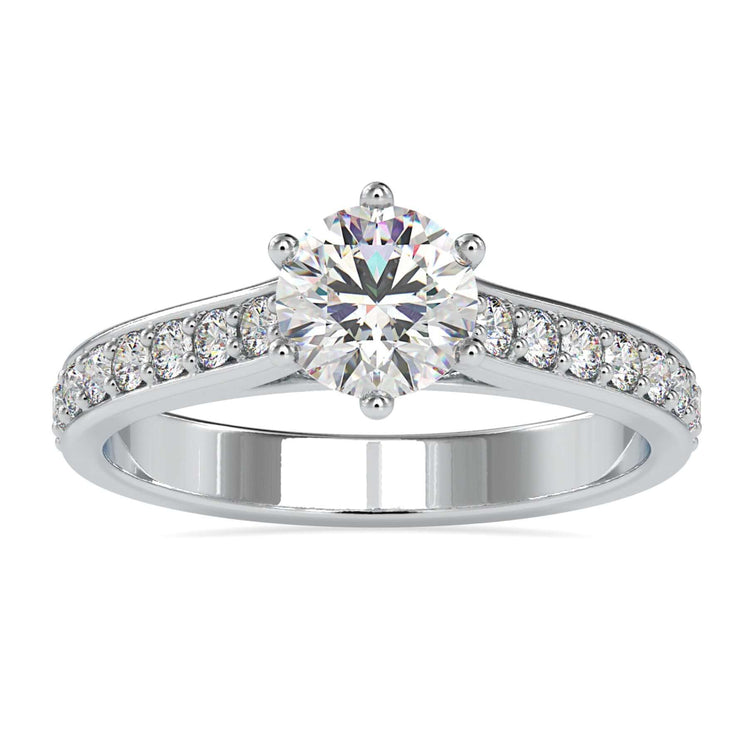 Lab grown diamond engagement ring with 6 round prong setting.

