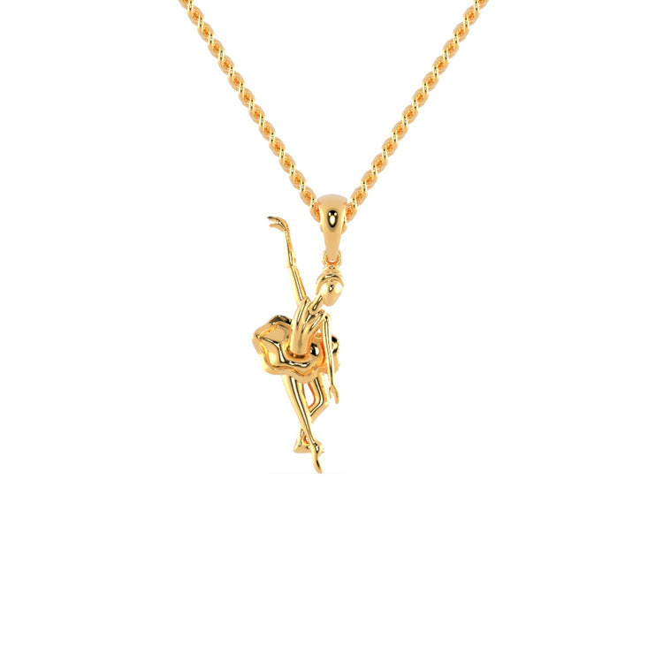 Handmade jewellery pendant in gold with dancing angel design.
