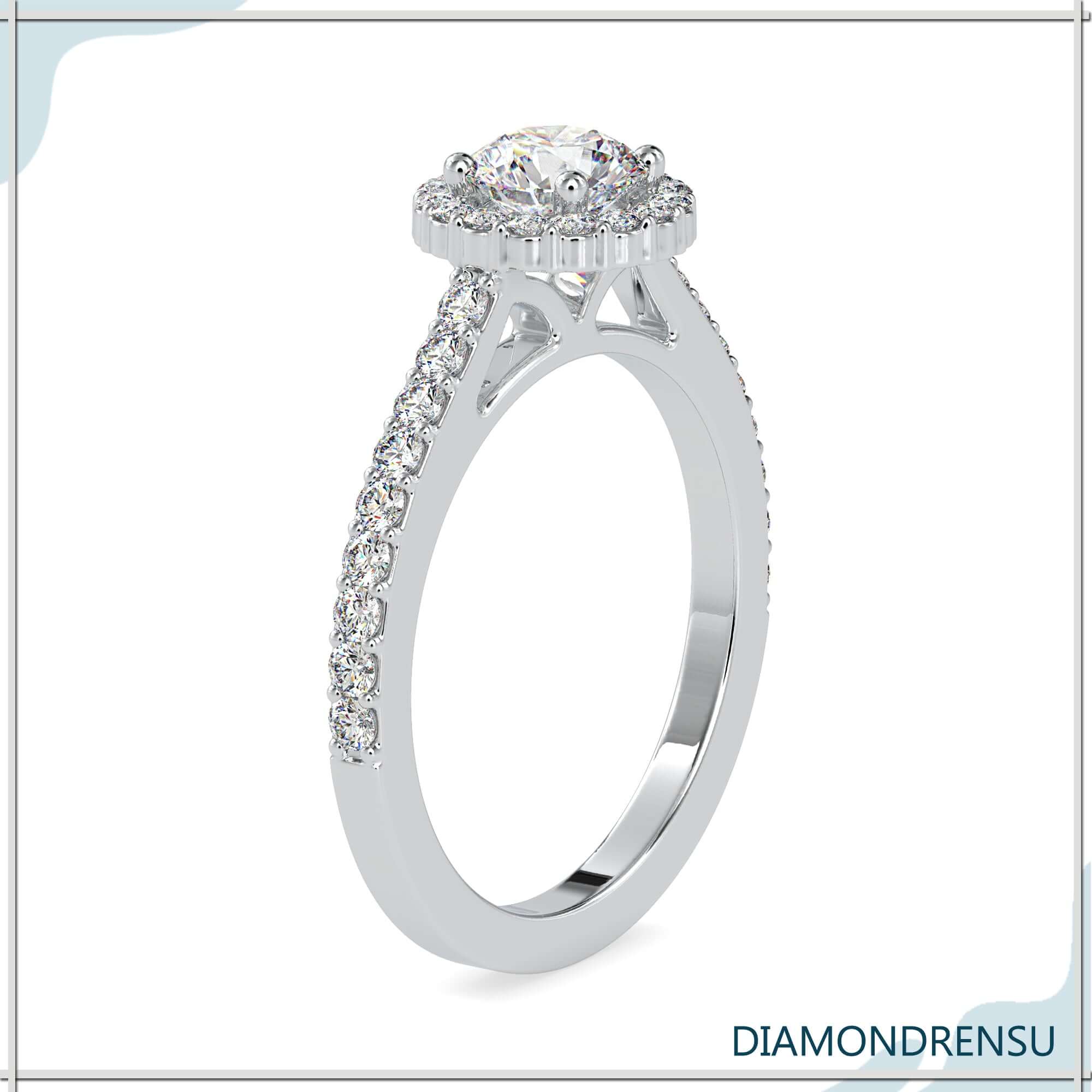 Round halo ring with classic beauty and modern appeal.
