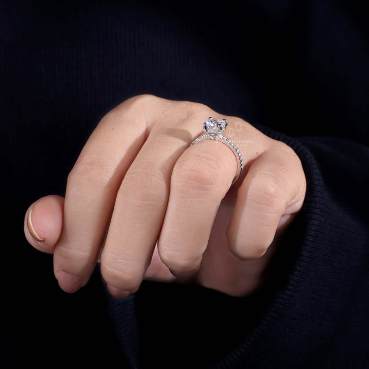 Pave ring with cushion cut diamond, made with precision by Diamondrensu.