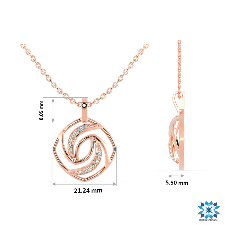 White gold spiral pendant featuring round diamond detail.
