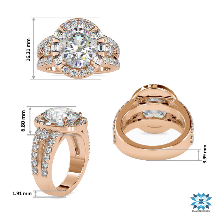 Yellow gold ring with oval diamond and round side stones.
