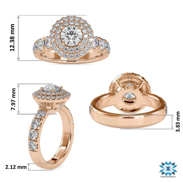 Four round prong setting with round centre and double halo design.
