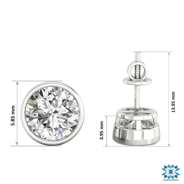 Lab grown diamond bezel earrings in white gold, handmade jewellery.
