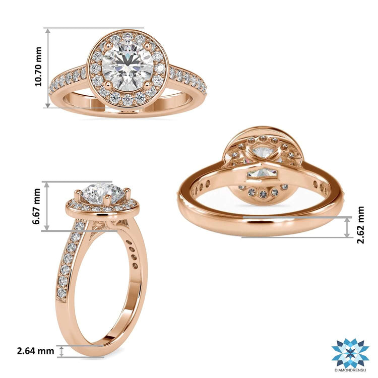 Round cut pave band ring with halo diamond in yellow gold.
