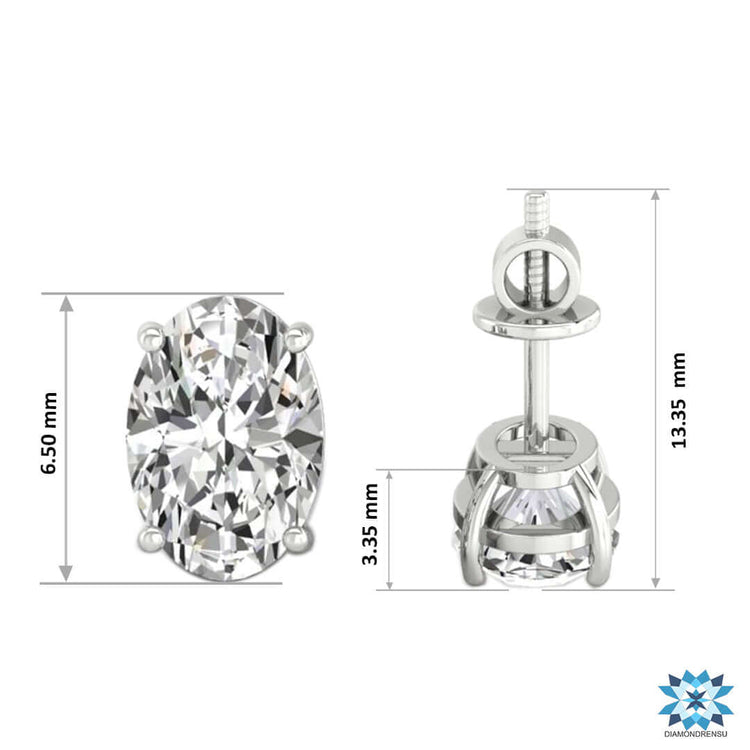 Lab grown diamond gold stud earrings featuring oval cut stones.
