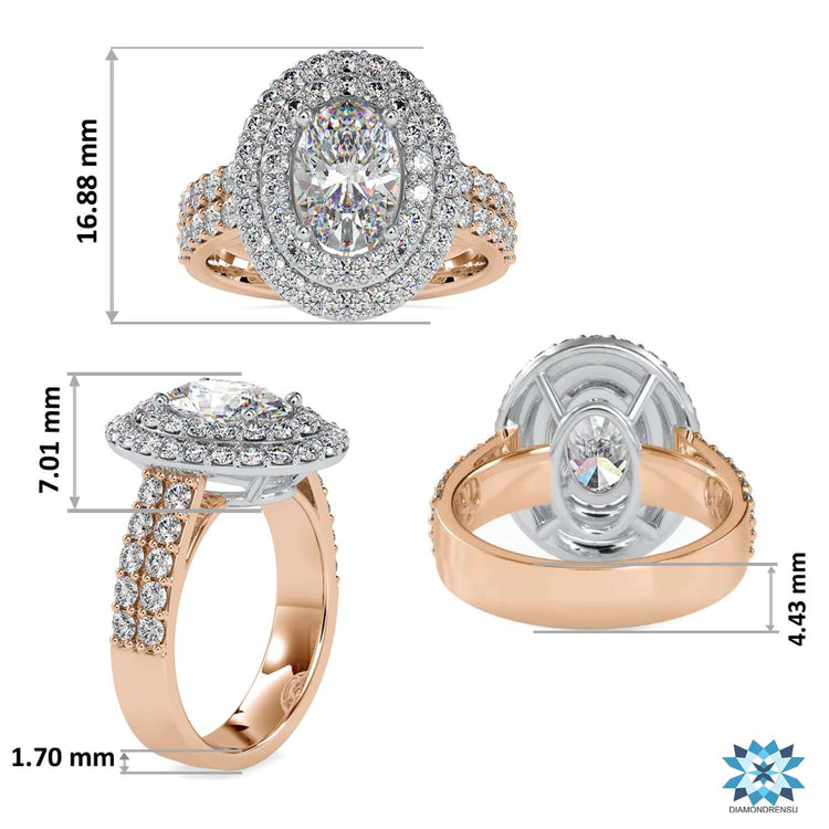 Lab grown oval diamond ring with double halo and pave accents.
