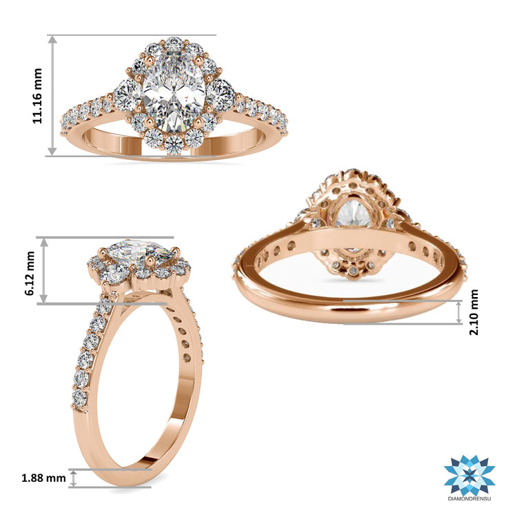 Rose gold diamond ring with halo setting and round prong detail.
