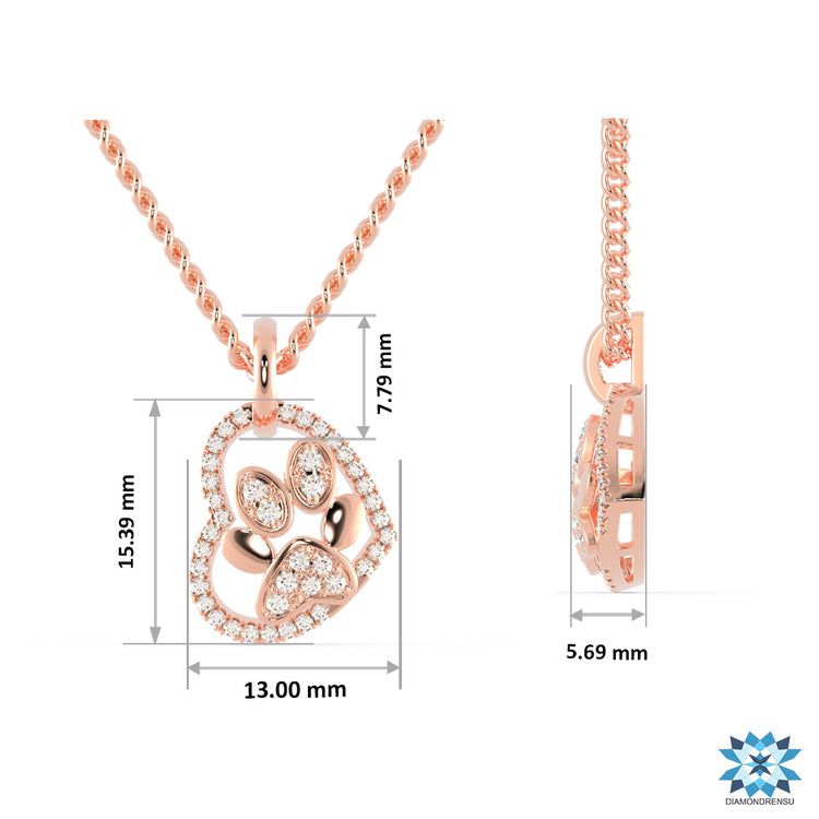 Diamond pendant featuring heart and paw symbols in rose gold.
