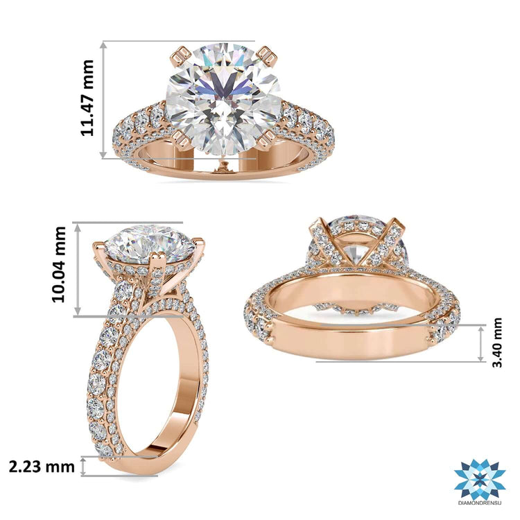 Lab grown diamond ring with hidden halo and pave band.
