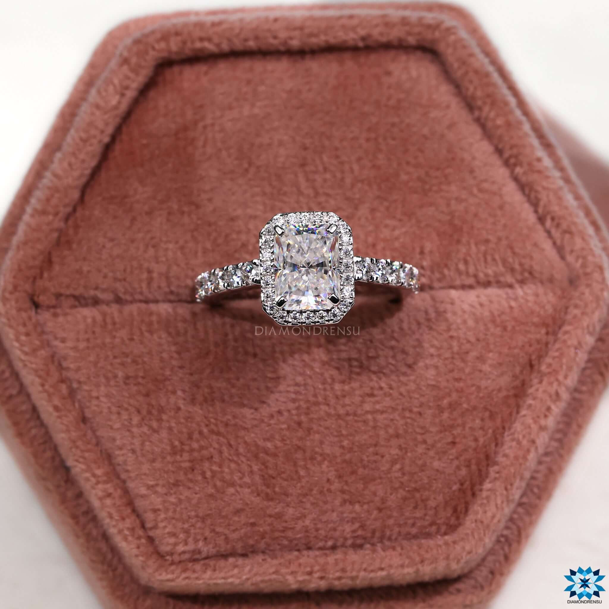 White gold engagement ring featuring a radiant cut moissanite ring for timeless elegance.