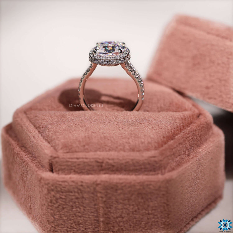 Four claw prong ring featuring cushion center and halo setting.
