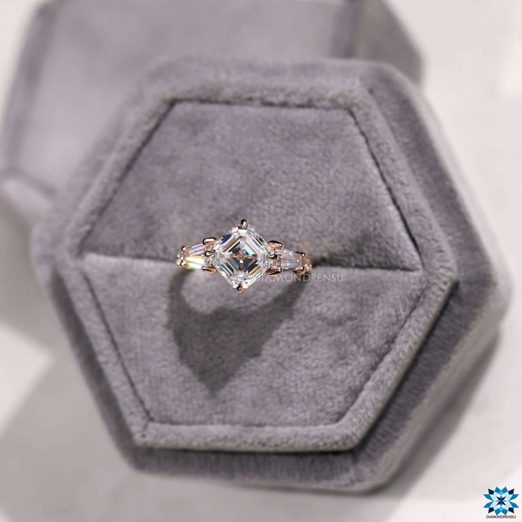 Custom moissanite engagement ring with hidden halo design.
