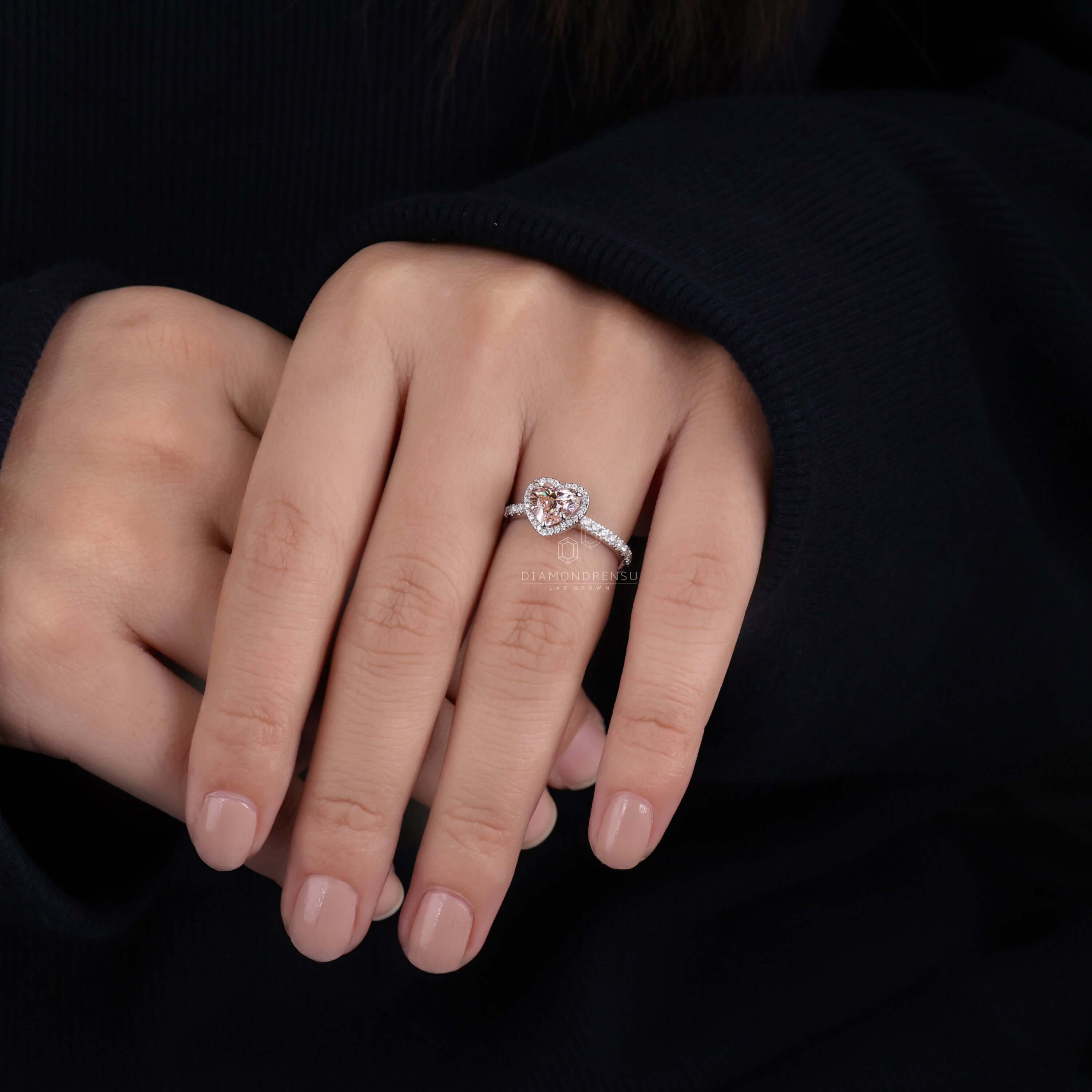 Heart diamond shape ring featuring a pave diamond band for added sparkle
