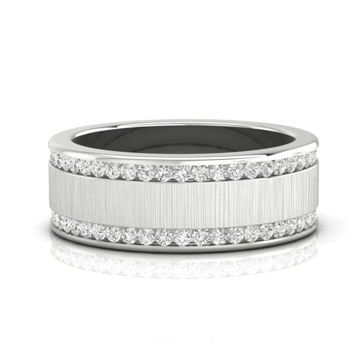 Mens satin finish wedding band with channel setting.
