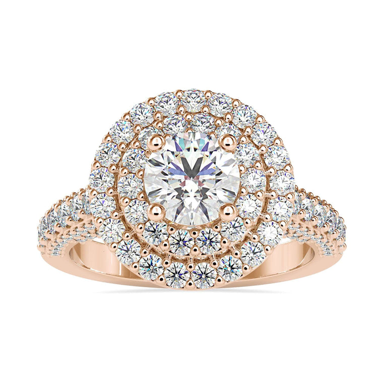UK engagement ring with round diamond and double halo.
