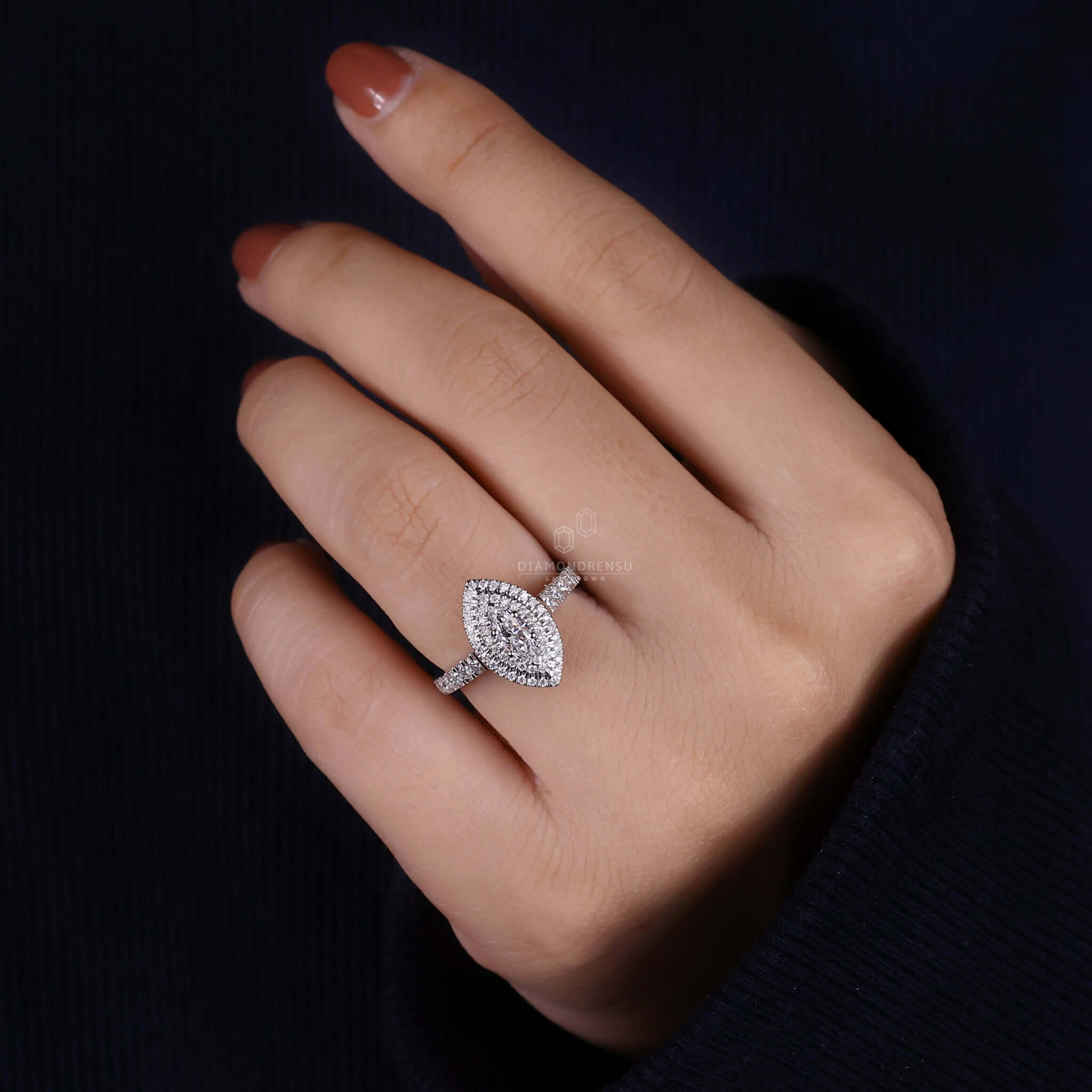 Pave diamond ring in cathedral setting with lab grown diamond for sustainable luxury.
