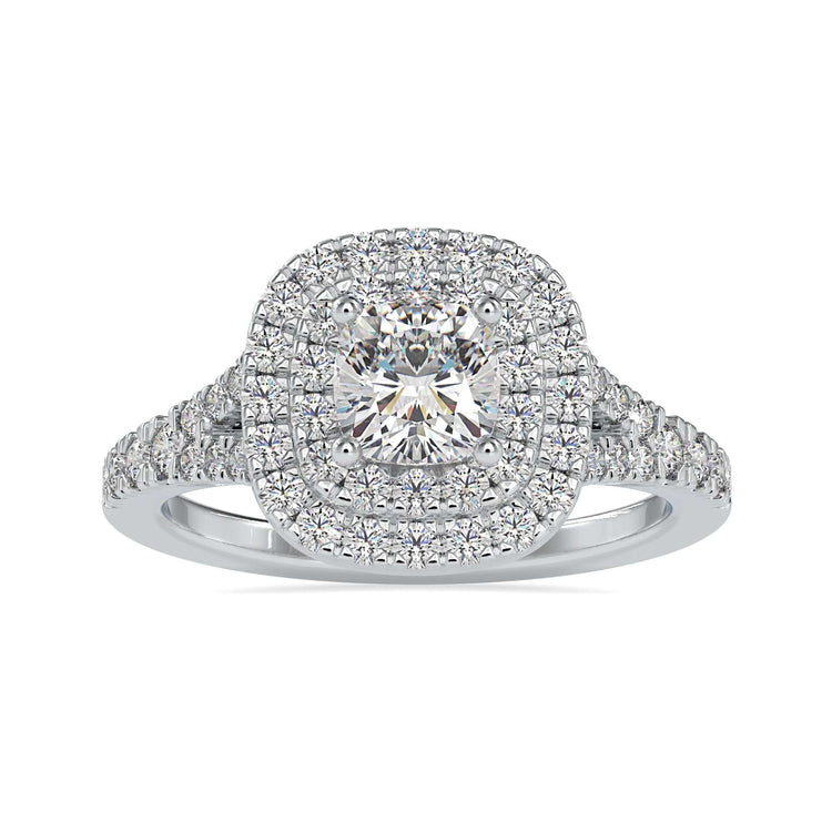 Yellow gold double halo ring with cushion centre and pave accents.
