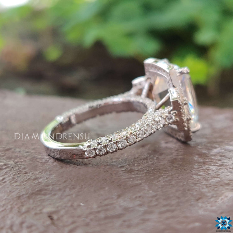 Elongated cushion cut ring with baguette and round accents.

