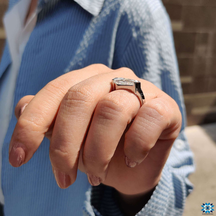 Buy moissanite ring in white gold shield cut style.
