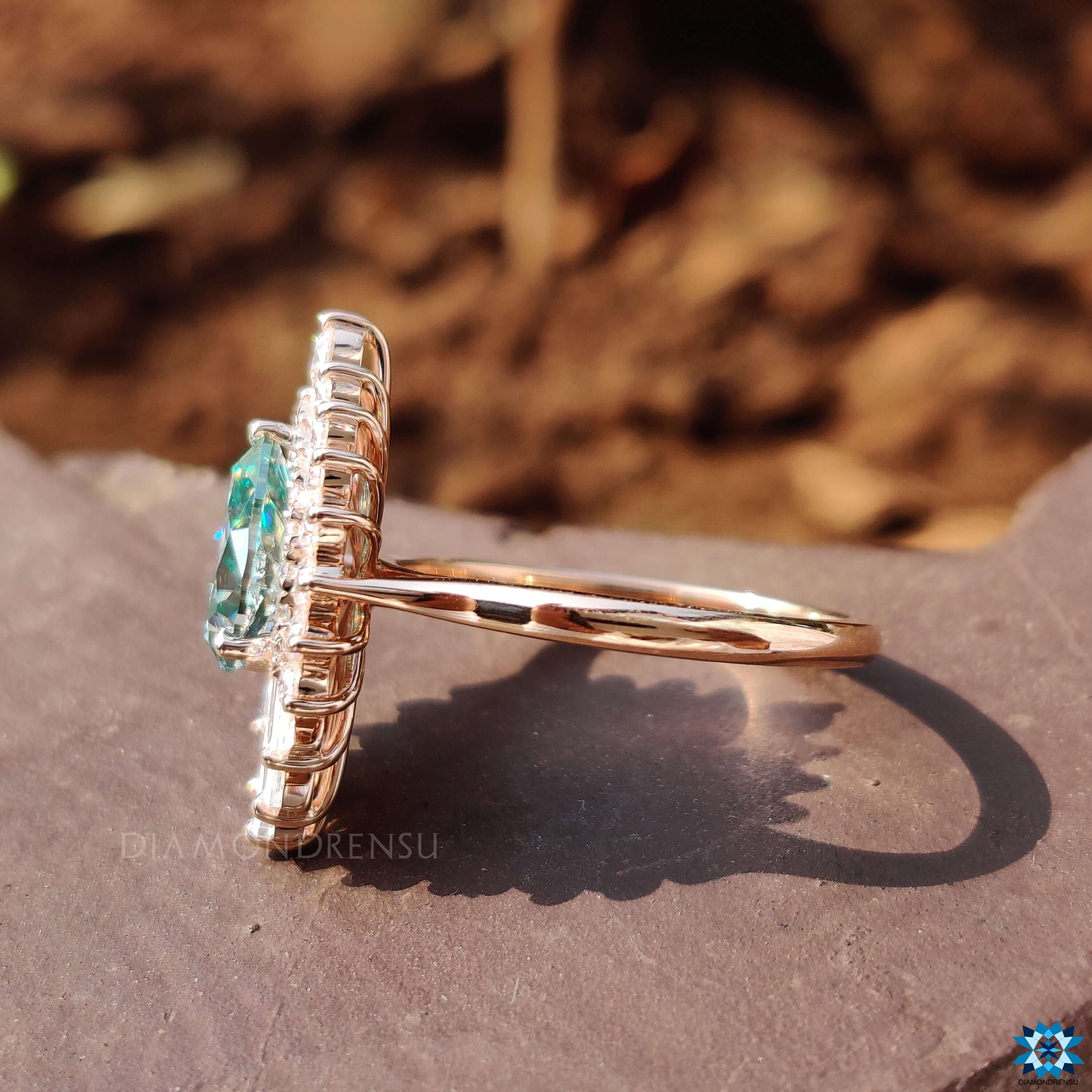 Unique Vintage Moissanite Engagement Ring, Cyan Blue Pear Cut Antique Halo Moissanite Ring