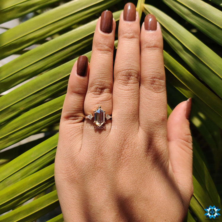 Custom engagement ring with hexagon rose cut center.
