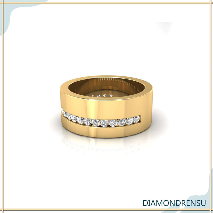 Channel wedding band with unique diamond semi eternity band design.
