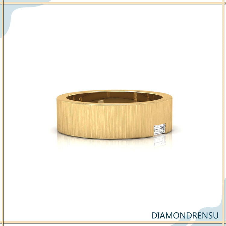 Buy mens wedding ring with brushed finish and baguette cut diamond.
