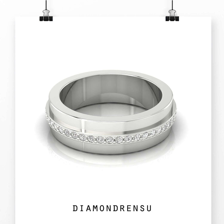 White gold band with round cut diamond for men.
