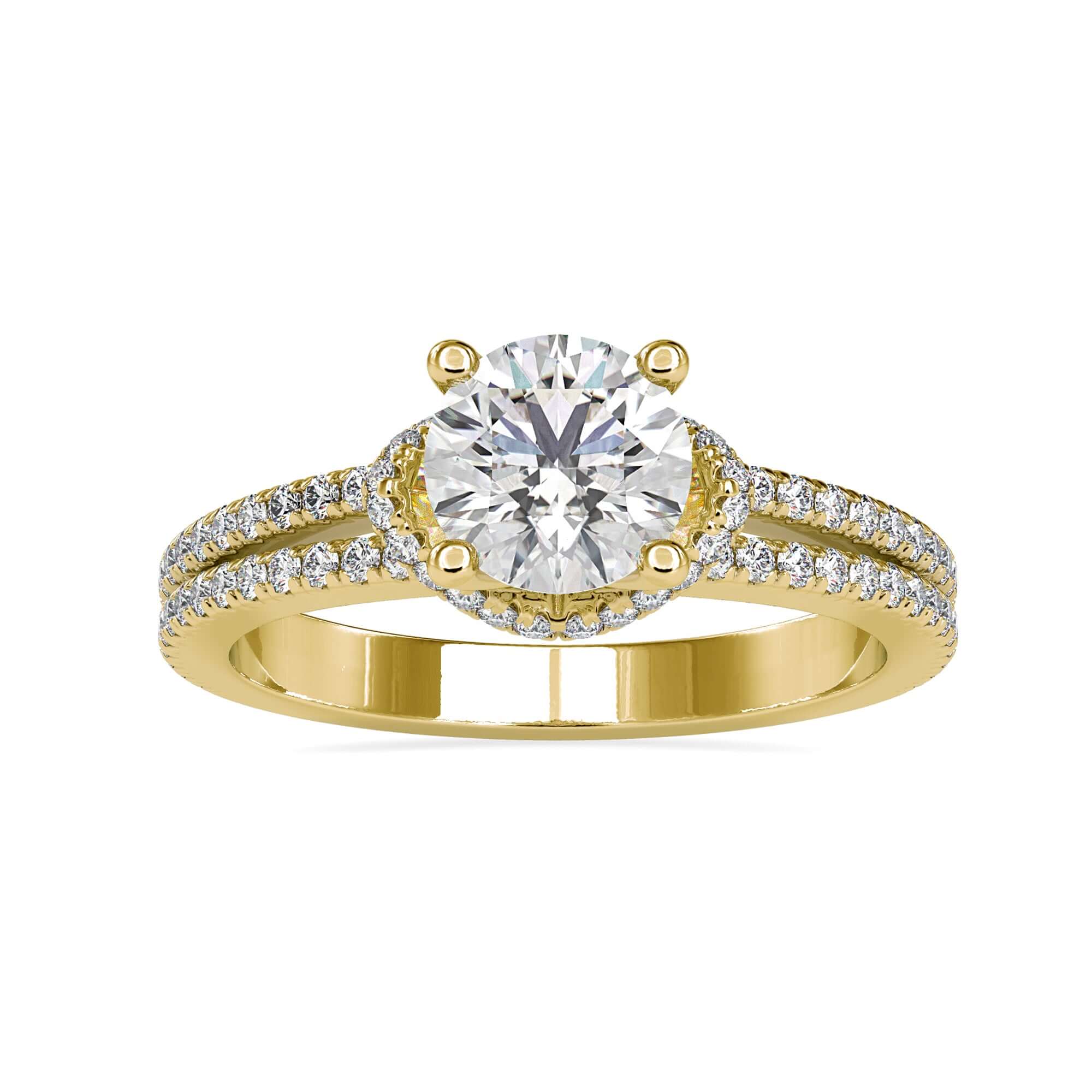 Classic basket setting engagement ring with a collar halo and split shank design.