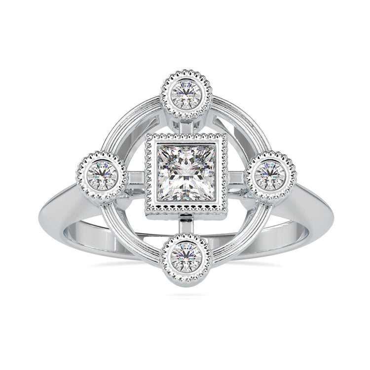 Princess cut diamond wedding ring with four round accent diamonds.
