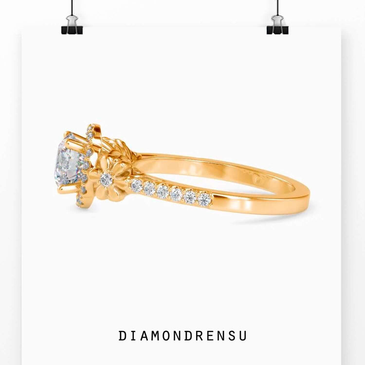 Princess peekaboo ring with floral round diamond layout.
