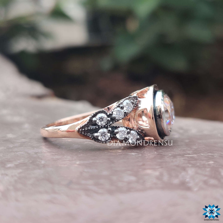Custom vintage-inspired moissanite ring with old mine cut.
