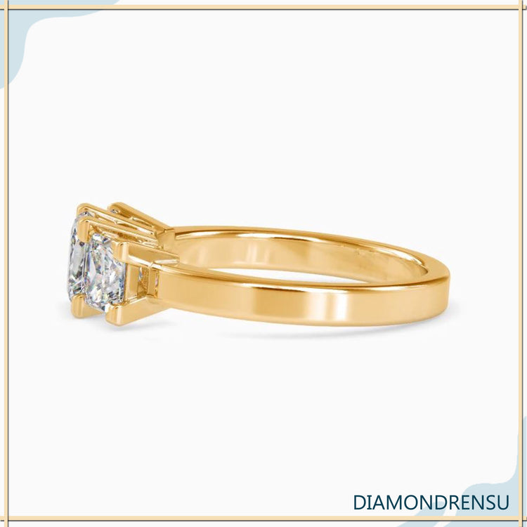 IGI certified 3 stone ring with princess cut lab diamond.
