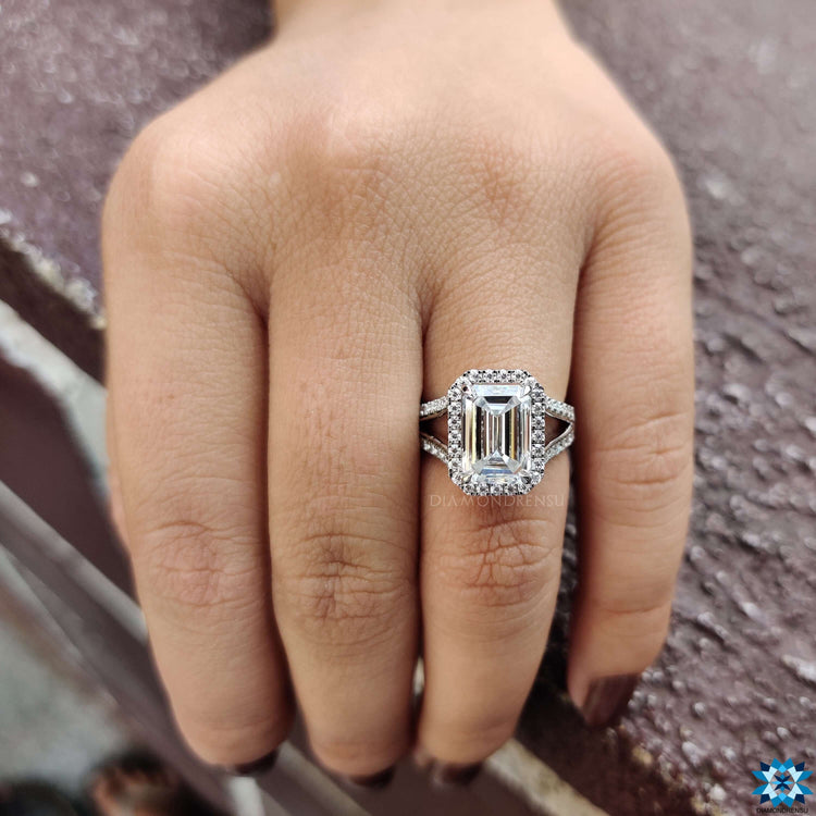 Split shank halo engagement ring in white gold.
