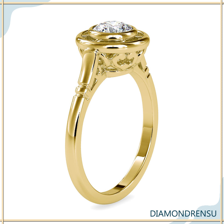Buy engagement ring with round bezel setting and lab diamond.
