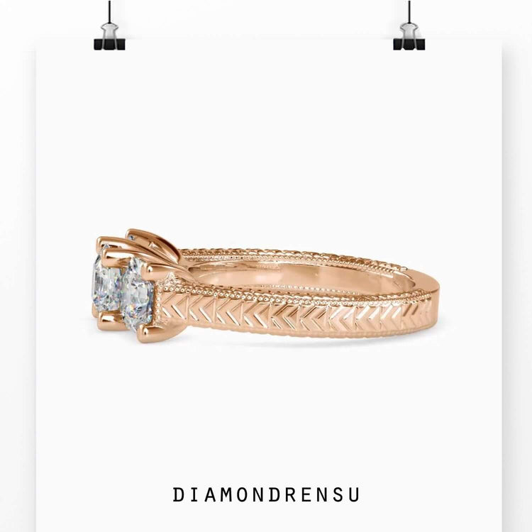 UK engagement ring with radiant cut and milgrain edges.
