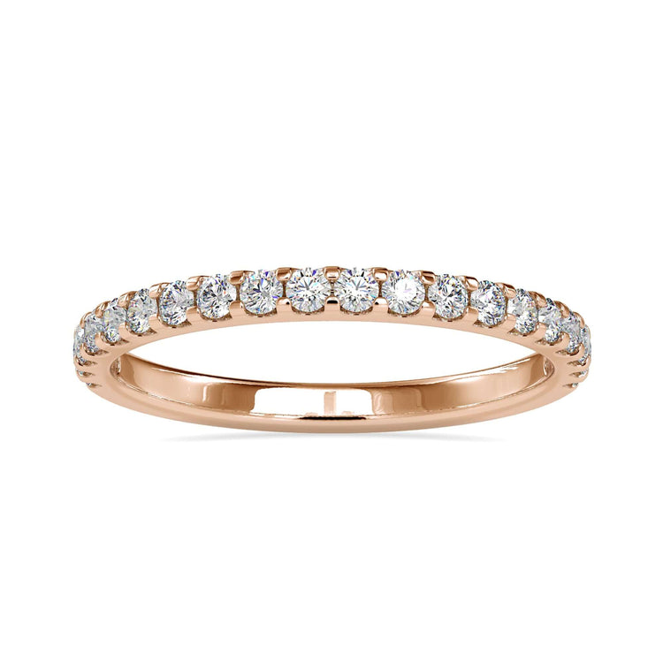 Round cut lab diamond band with minimalist white gold setting.
