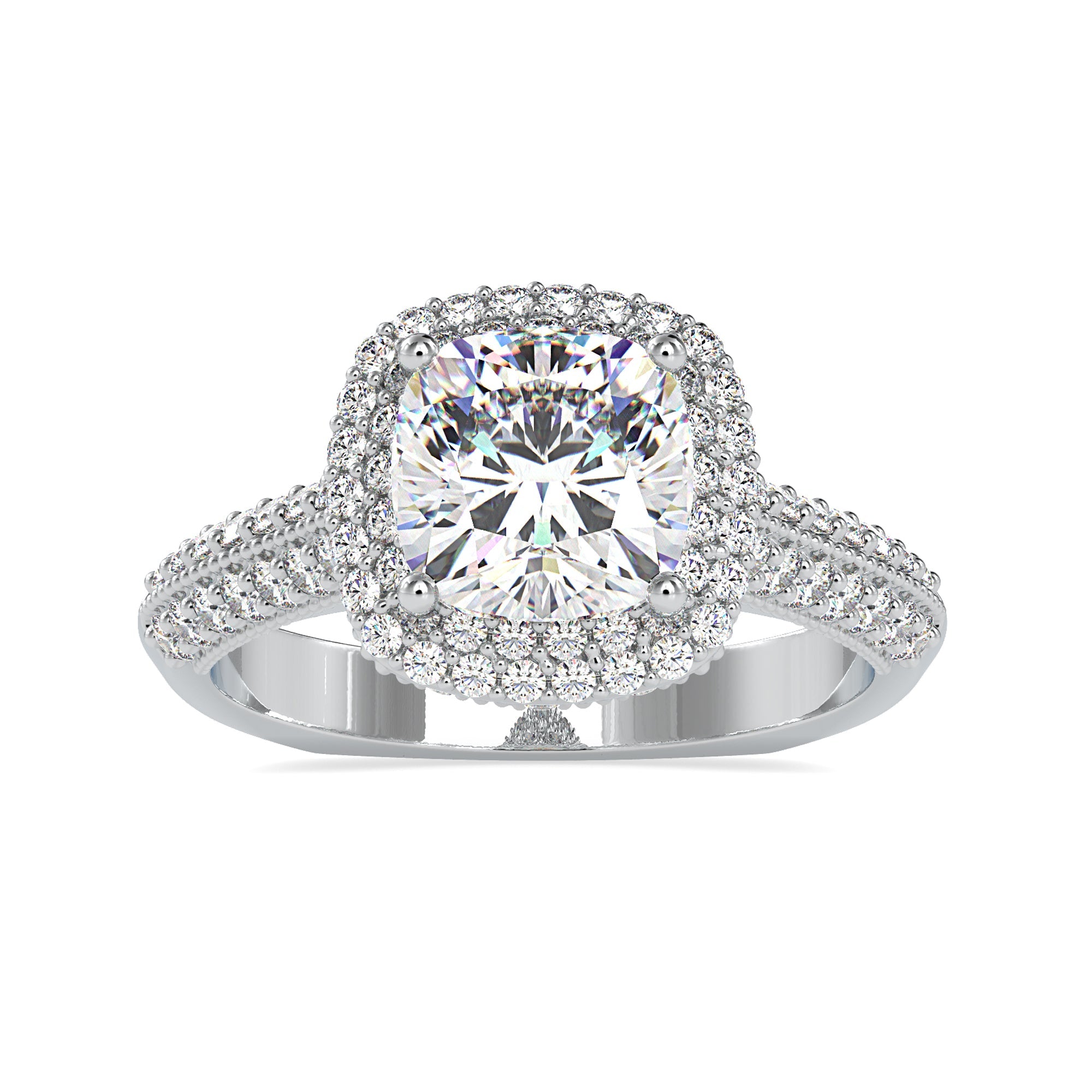 Elegant pave engagement ring with a cushion cut diamond and halo setting.