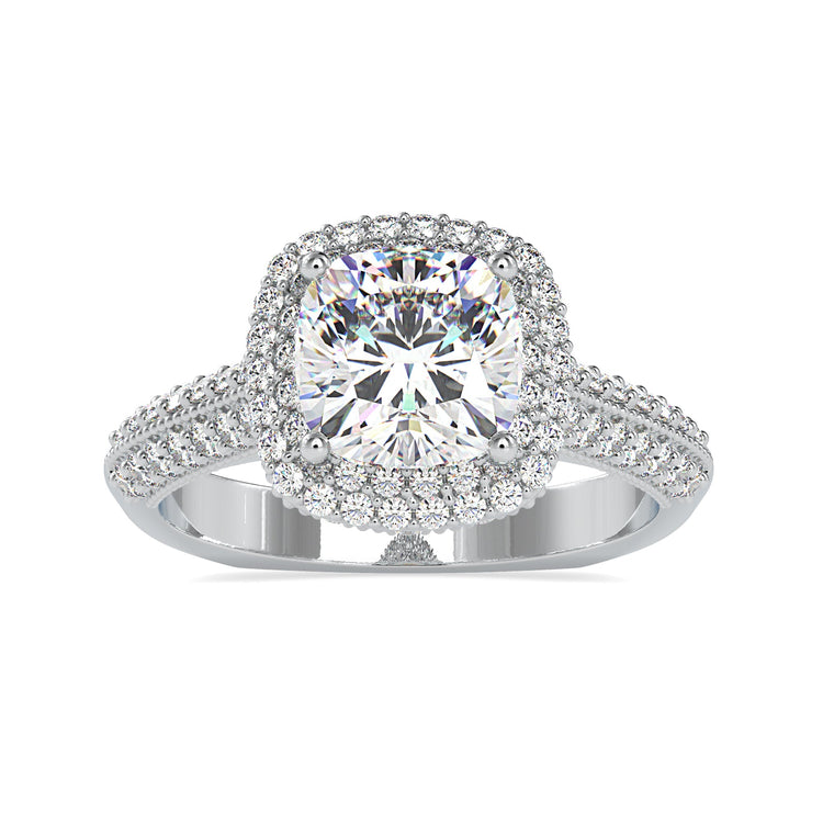 Rose gold engagement ring with cushion centre and milgrain edge.
