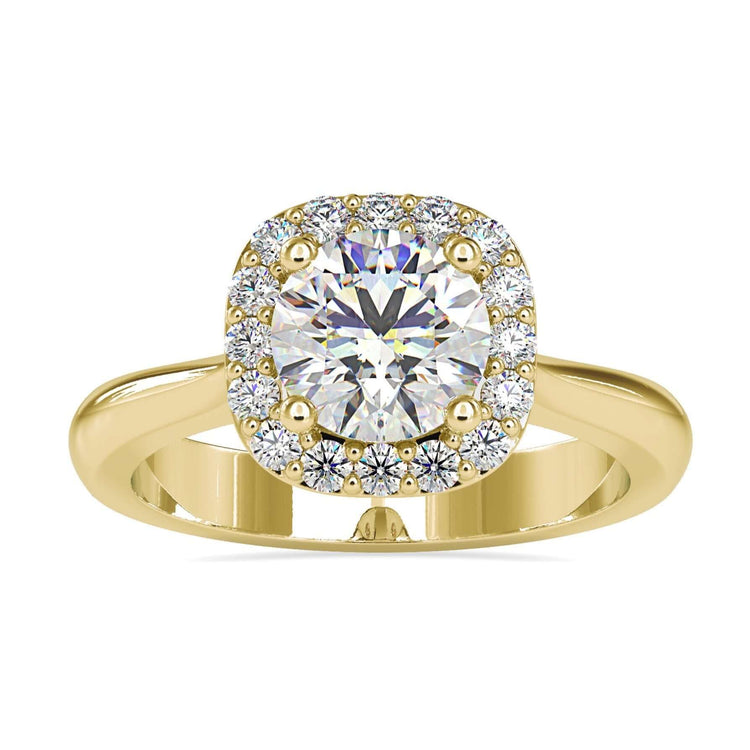 Gold halo ring with round cut centre in a tapered shank.
